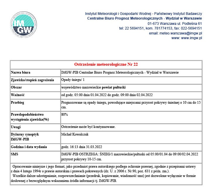 Obraz przedstawia informację mówiącą o ostrzeżeniu meteorologicznym dla obszaru powiatu pułtuskiego dot. opadów śniegu od godz. 05:00 dnia 1 kwietnia do godz. 09:00 dnia 2 kwietnia 2022 r.