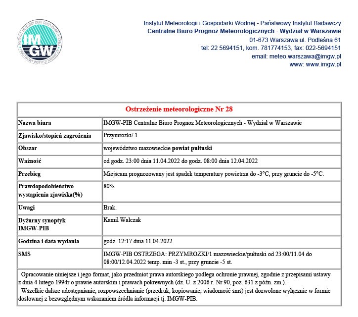 Obrazek przedstawia informację o ostrzeżeniu meteo prognozujące wystąpienie przymrozków na terenie powiatu pułtuskiego od godz. dwudziestej trzeciej dnia jedenastego kwietnia do godz. ósmej dnia dwunastego kwietnia.