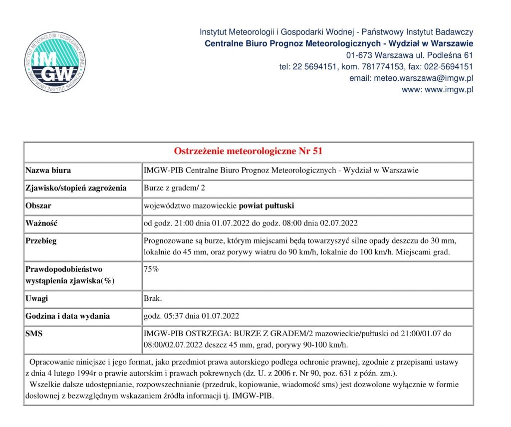 Obraz przedstawia informację o możliwości wystąpienia burz z gradem drugiego stopnia na obszarze powiatu pułtuskiego z porywami wiatru do stu kilometrów na godzinę, od godziny dwudziestej pierwszej dnia pierwszego lipca do godziny ósmej dnia drugiego lipca bieżącego roku.