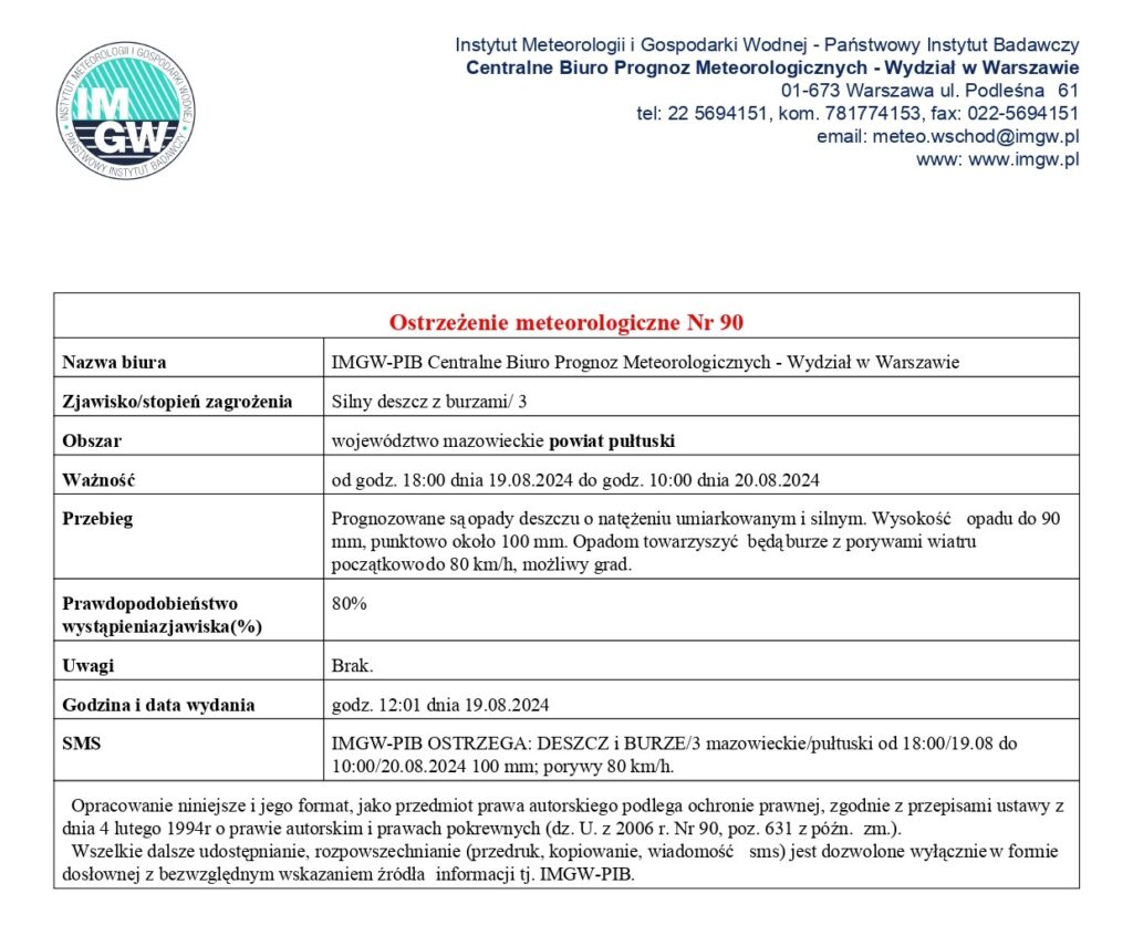 Ostrzeżenie meteorologiczne informujące o możliwości wystąpienia na terenie powiatu pułtuskiego opadów silnego deszczu do 90 mm, punktowo do 100 mm oraz wystąpienia burz z porywami wiatru początkowo do 80 km/h. Możliwy grad.