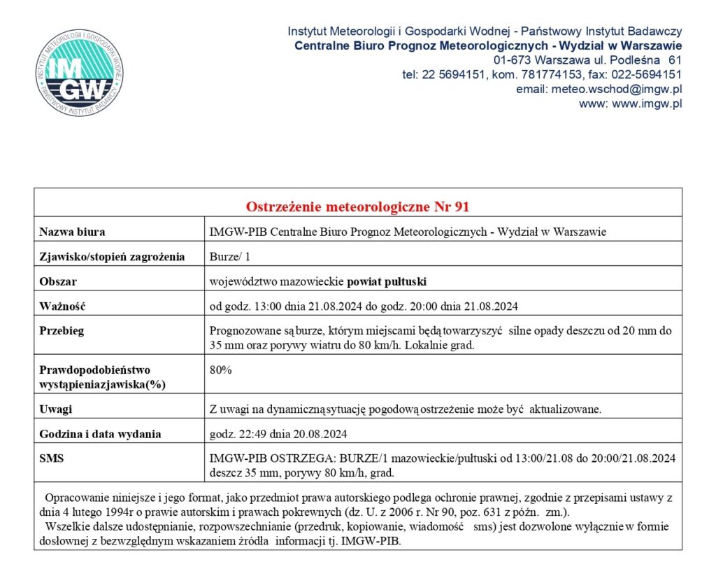 Ostrzeżenie meteorologiczne informujące o możliwości wystąpienia od godz. 13:00 do godz. 20:00 dnia 21.08.2024 r.na terenie powiatu pułtuskiego burz  z silnymi opadami deszczu do 35 mm oraz porywami wiatru do 80 km/h. Lokalnie grad.