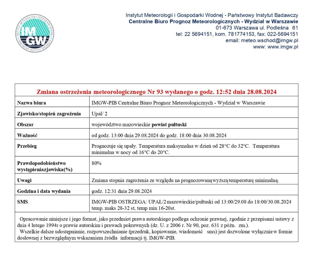 Informacja o zmianie ostrzeżenia meteorologicznego, podnosząca stopień zagrożenia z 1 na 2 ze względu na prognozowaną wyższą temperaturę minimalną.